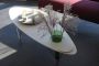 table basse "soliflore", plateau multipli stratifié, pieds acier vernis.Céramique de Myriam Olmi